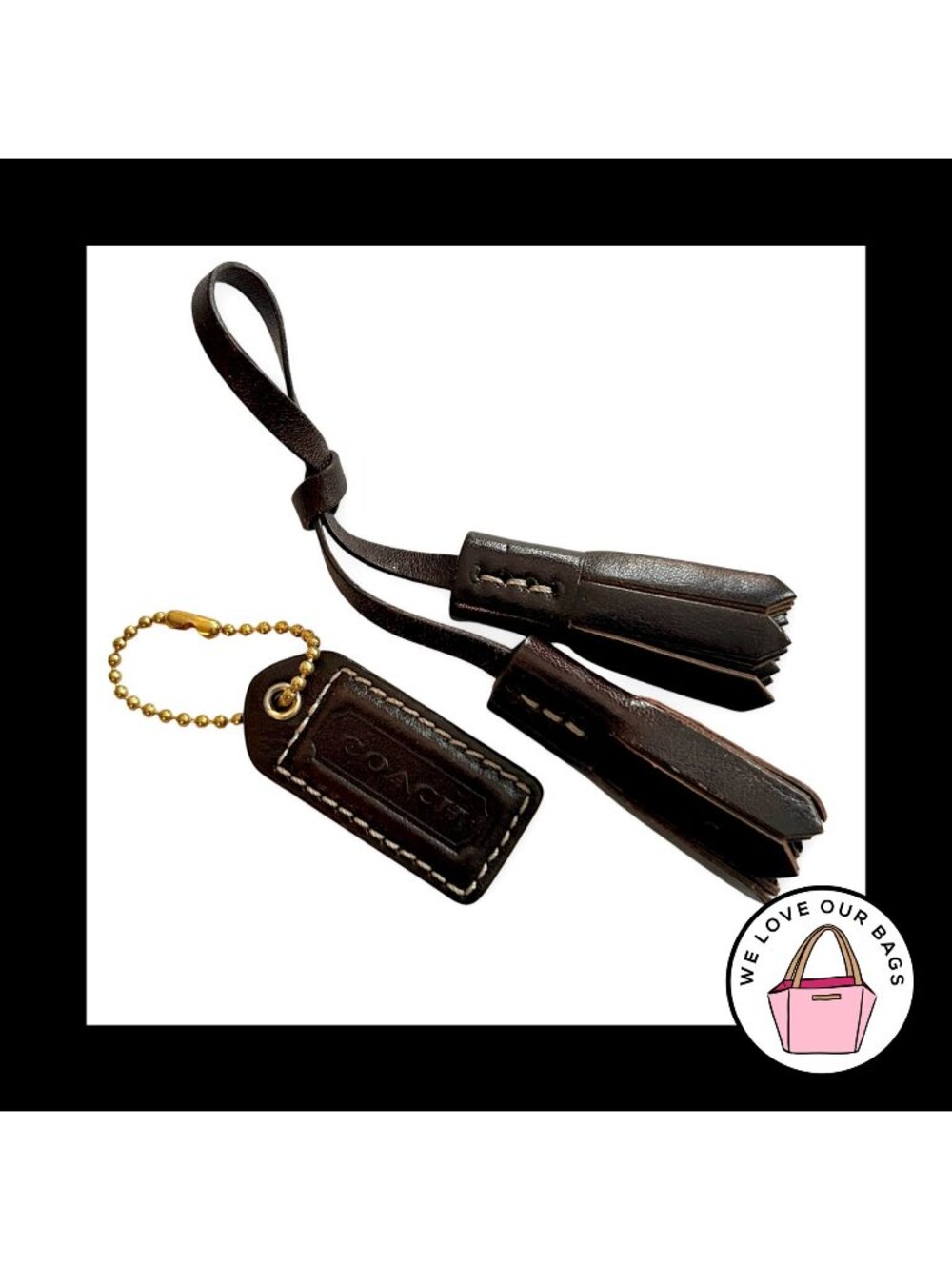 2 Lot VINTAGE Y2K COACH Dark Brown Leather Tassel HangTag Bag Charm Keychain Fob